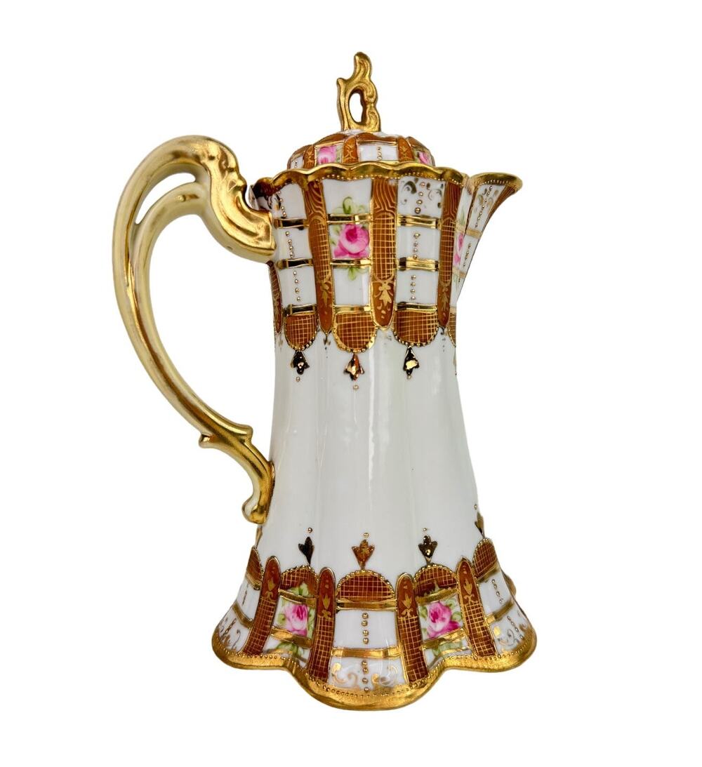 NIPON Porcelain Hand-Painted Chocolate Pot Pink Rose Gold Raised Beaded Gilt VTG